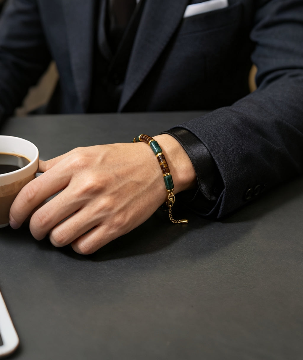 Collector’s Natural Gem Bracelet, Artisan Handcrafted Moss Agate Combined with Tiger Eye for Men