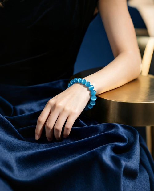 Natural Lake Blue Cat's Eye Stone Crystal High-Quality Bracelet
