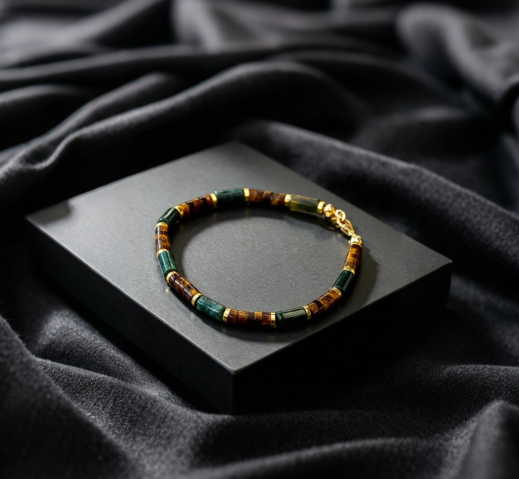 Collector’s Natural Gem Bracelet, Artisan Handcrafted Moss Agate Combined with Tiger Eye for Men