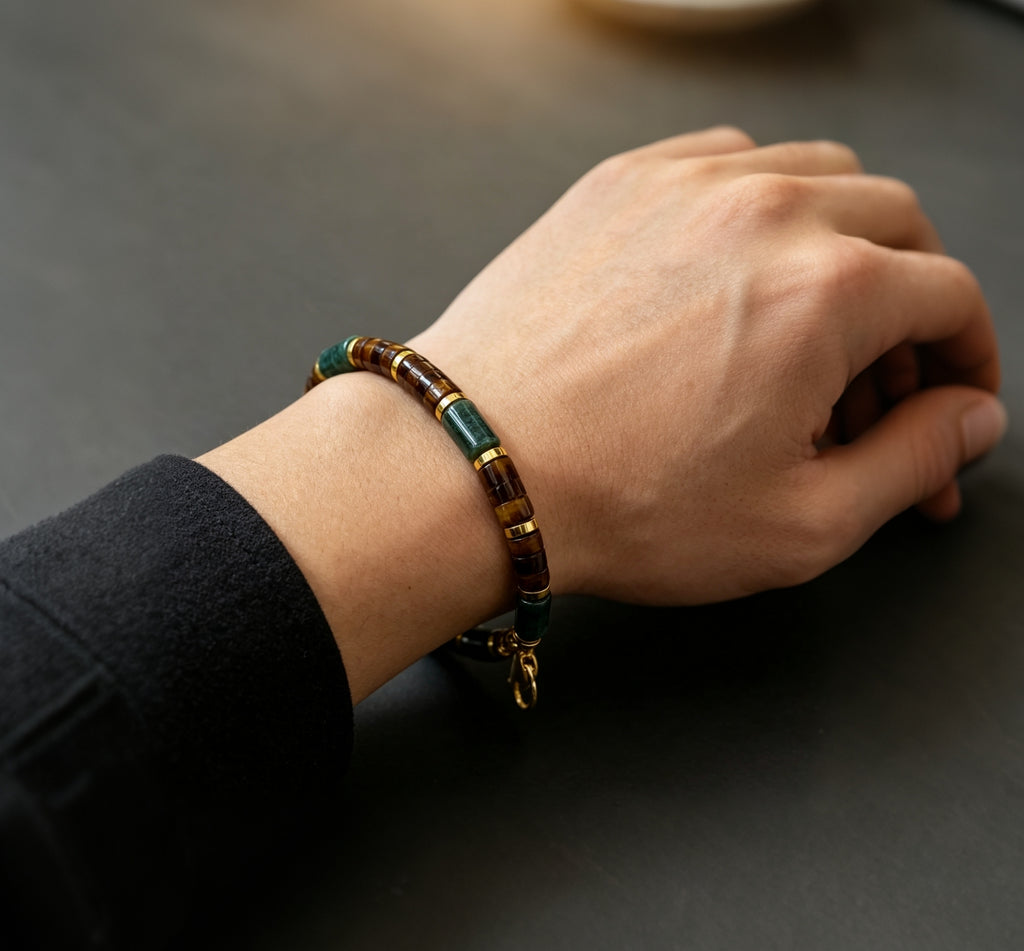 Collector’s Natural Gem Bracelet, Artisan Handcrafted Moss Agate Combined with Tiger Eye for Men